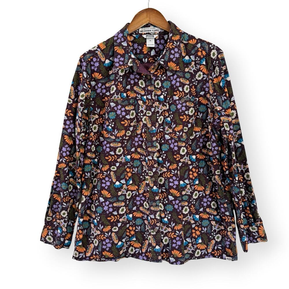 Duluth Trading Co. Free Swingin' Flannel Shirt XL Purple Elderberry Moth Floral